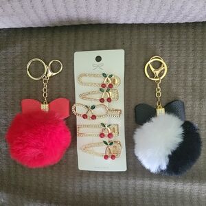 3 Piece Bundle Elegant Cherry Hairclips With Red And Black and White Pompom Bag